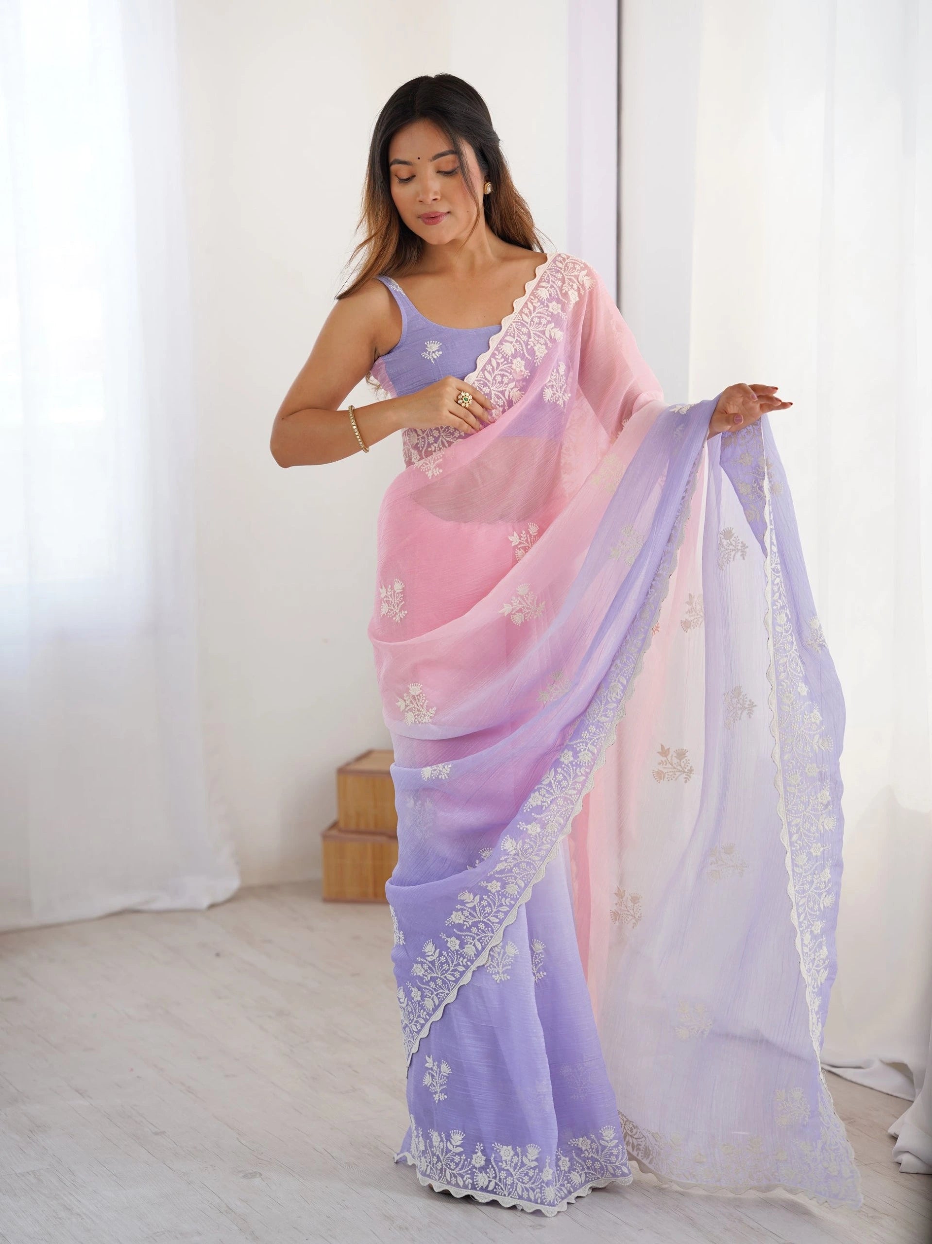 pink and lavender ombre party wear saree